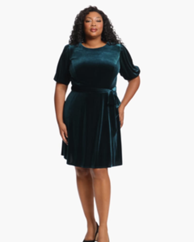 Front of a model wearing a size 14w Lucinda Velvet Puff Sleeve Dress in hunter by London Times. | dia_product_style_image_id:268585